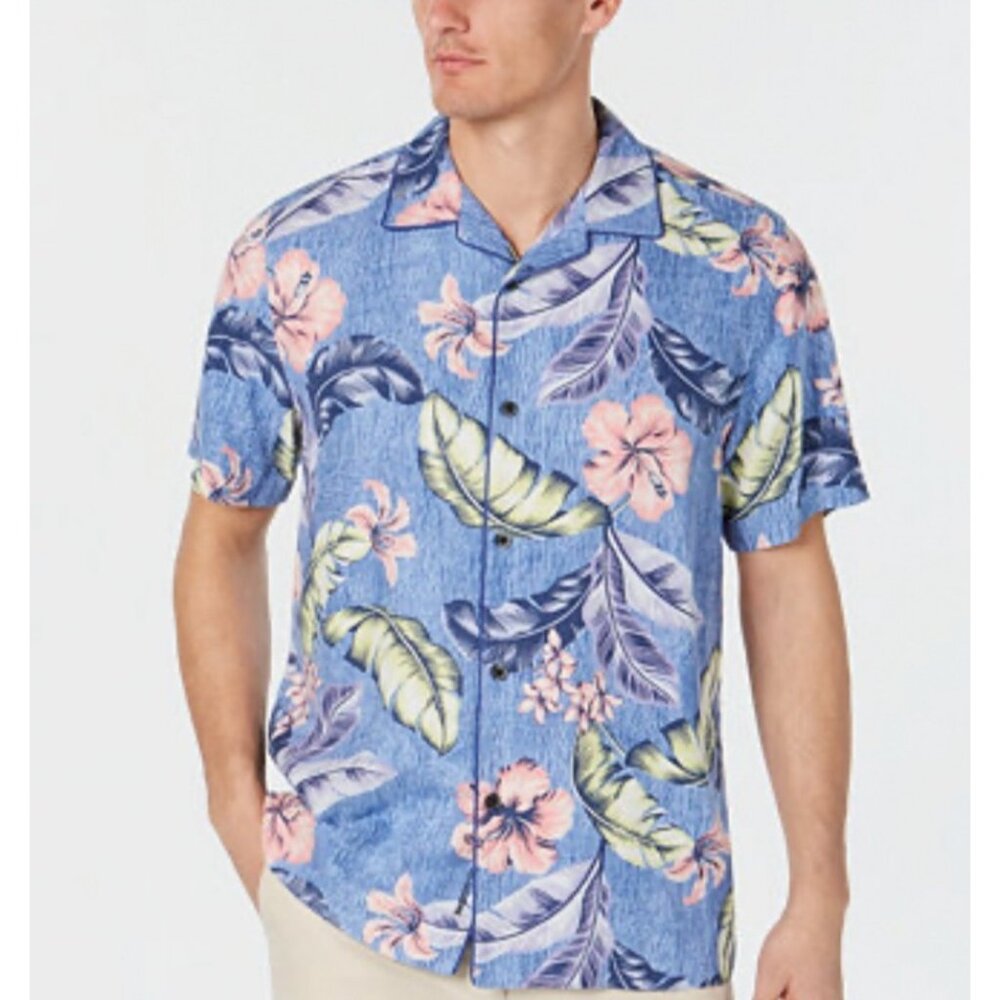 Tommy Bahama Mens Blue Silk Blend Floral Hawaiian Camp Shirt Short Sleeve Travel
